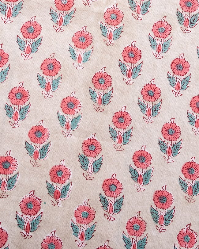 【5個セット】〔1m単位切り売り〕ジャイプル　職人手作り木版染め　色彩美しいボタニカルデザイン〔幅約110cm〕〔薄グリーン系　小花柄〕　おしゃれ　生地　テーブルクロス　手芸素材などへ 4 - 1mの長さごとにご購入いただけます。