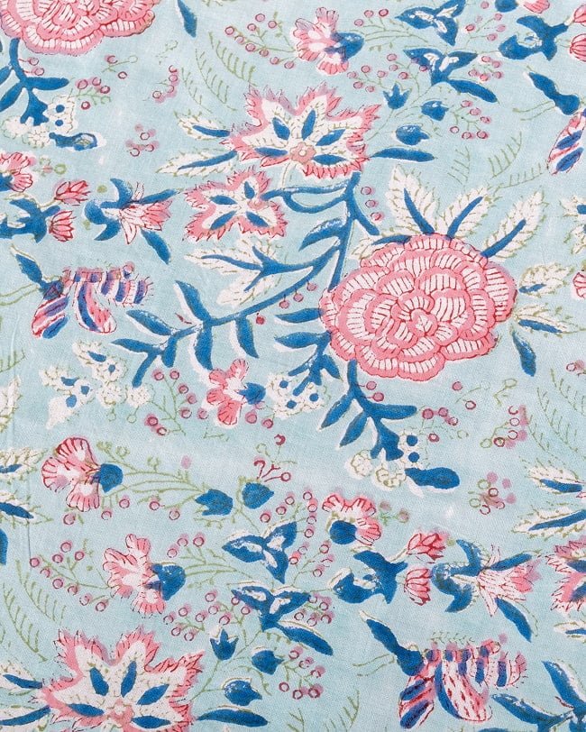 【5個セット】〔1m単位切り売り〕ジャイプル　職人手作り木版染め　色彩美しいボタニカルデザイン〔幅約107cm〕〔ミントブルー系　更紗柄〕　おしゃれ　生地　テーブルクロス　手芸素材などへ 4 - 1mの長さごとにご購入いただけます。