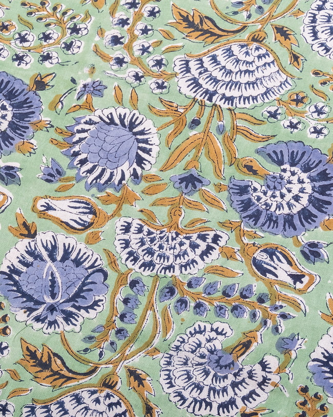 【5個セット】〔1m単位切り売り〕ジャイプル　職人手作り木版染め　色彩美しいボタニカルデザイン〔幅約108cm〕〔グリーン系　更紗柄〕　おしゃれ　生地　テーブルクロス　手芸素材などへ 4 - 1mの長さごとにご購入いただけます。