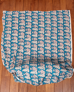 【5個セット】〔1m単位切り売り〕ジャイプル　職人手作り木版染め　色彩美しいボタニカルデザイン〔幅約108cm〕〔青緑系　ロータス柄〕　おしゃれ　生地　テーブルクロス　手芸素材などへ - サブ3