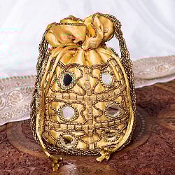 華やかなゴールドビーズ＆ミラーワークの巾着ミニポーチ　ミニバッグ - サブ2