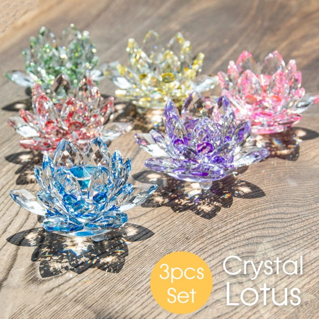 【選べる3個セット】9cm 6色展開 クリスタルのロータスの写真1枚目です。燦然と輝くクリスタルの蓮の花です。自由に選べるセット,ロータス,ガラス,置物,クリスタル