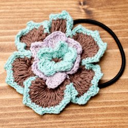 手作りコットンのお花ヘアゴム - 茶×水色×薄紫の商品写真