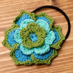 手作りコットンのお花ヘアゴム - 青×水色×緑の商品写真