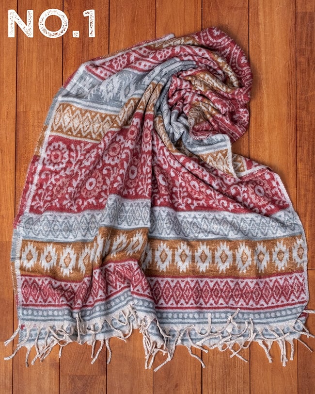 〔各色あり〕肌触りが良く　ふんわり暖かい　インド伝統　更紗柄　大判ストール・ショール〔約200cm×約95cm〕 16 - No.1：えんじ×グレー×茶系