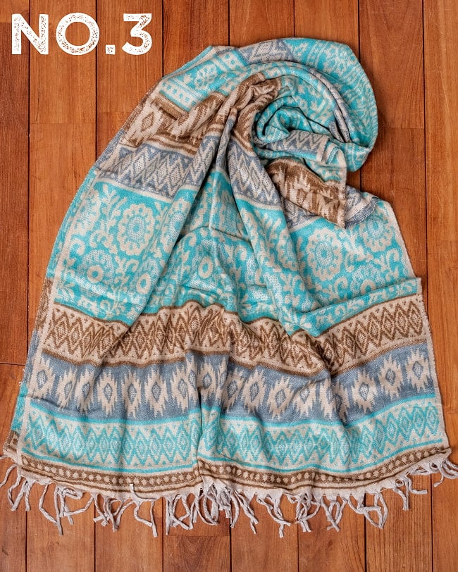 〔各色あり〕肌触りが良く　ふんわり暖かい　インド伝統　更紗柄　大判ストール・ショール〔約200cm×約95cm〕 18 - No.3：ターコイズ×茶×グレー系