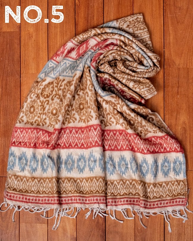 〔各色あり〕肌触りが良く　ふんわり暖かい　インド伝統　更紗柄　大判ストール・ショール〔約200cm×約95cm〕 20 - No.5：茶×赤×グレー系