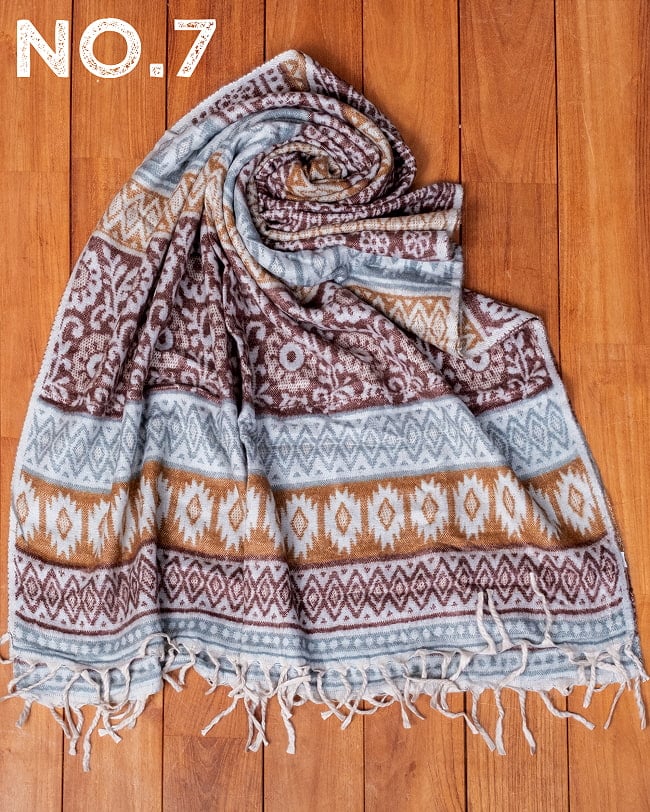 〔各色あり〕肌触りが良く　ふんわり暖かい　インド伝統　更紗柄　大判ストール・ショール〔約200cm×約95cm〕 22 - No.7：焦茶×グレー×茶系