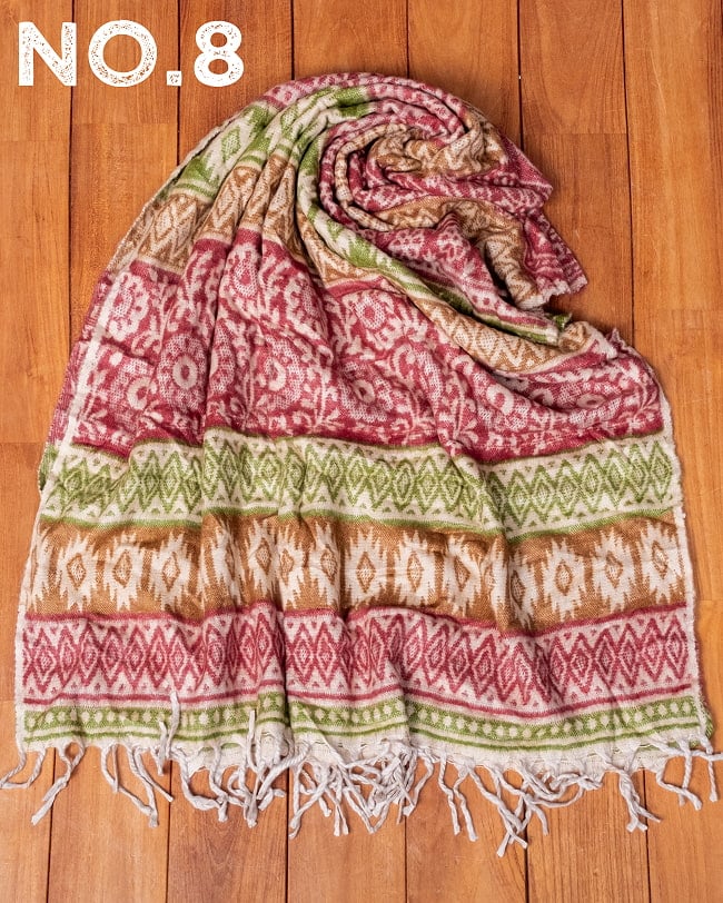 〔各色あり〕肌触りが良く　ふんわり暖かい　インド伝統　更紗柄　大判ストール・ショール〔約200cm×約95cm〕 23 - No.8：赤×緑×茶系