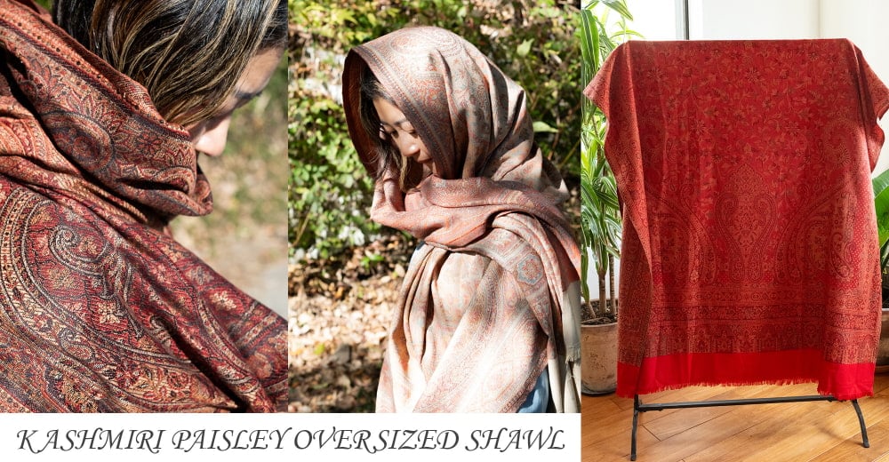 滑らかな肌触り インド伝統カシミール ペイズリーの大判ストール・ショール〔約210cm×約110cm〕