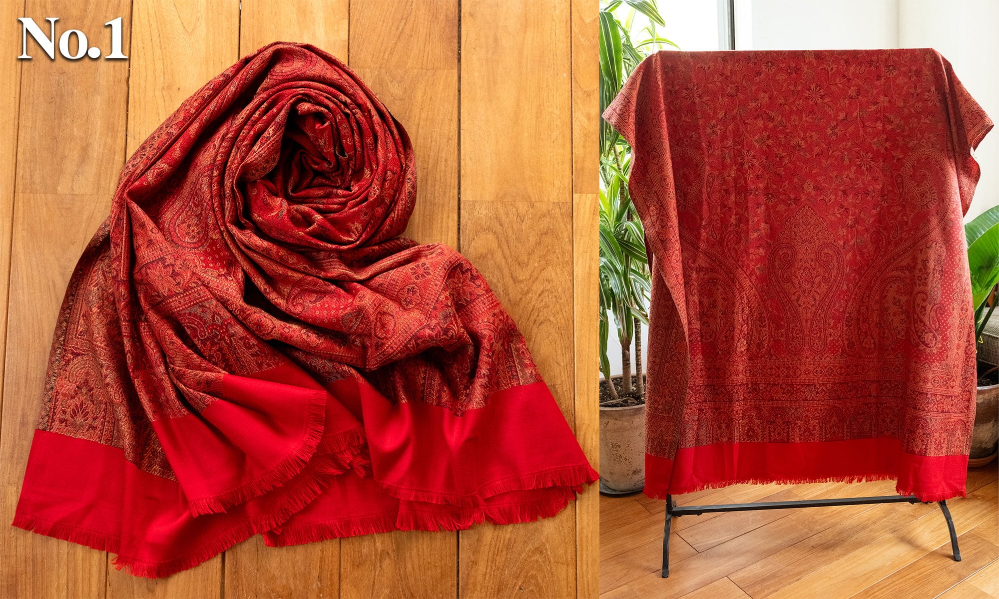 〔各色あり〕滑らかな肌触り　インド伝統カシミール ペイズリーの大判ストール・ショール〔約210cm×約110cm〕1枚目の下部説明写真です