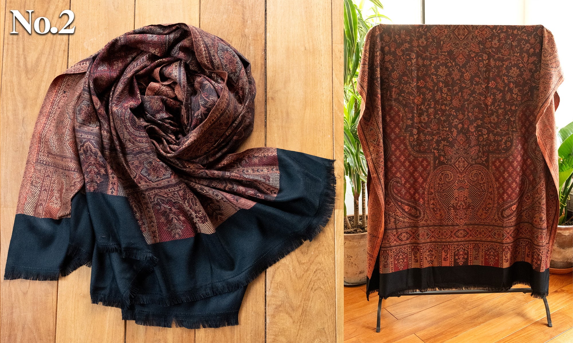 〔各色あり〕滑らかな肌触り　インド伝統カシミール ペイズリーの大判ストール・ショール〔約210cm×約110cm〕2枚目の下部説明写真です