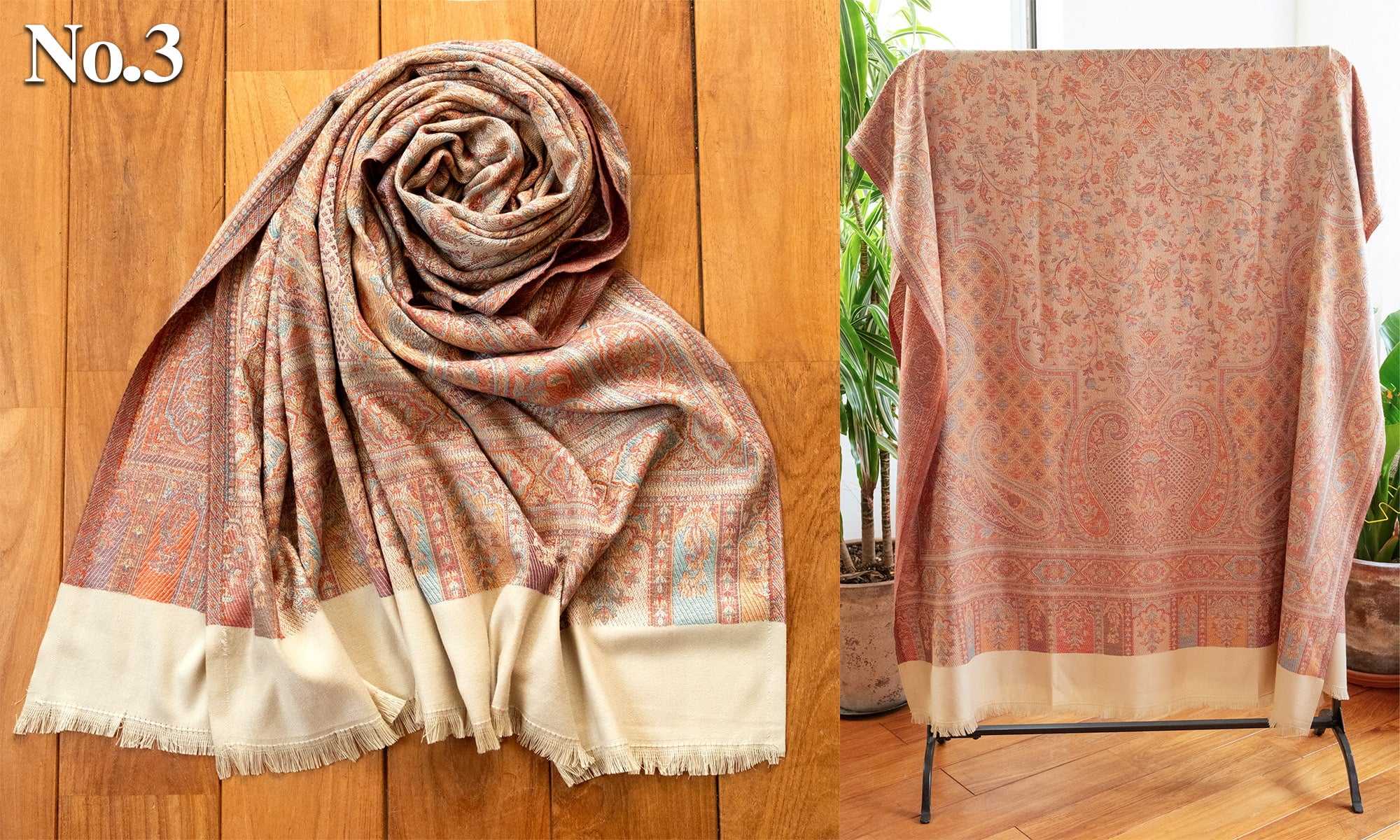 〔各色あり〕滑らかな肌触り　インド伝統カシミール ペイズリーの大判ストール・ショール〔約210cm×約110cm〕3枚目の下部説明写真です