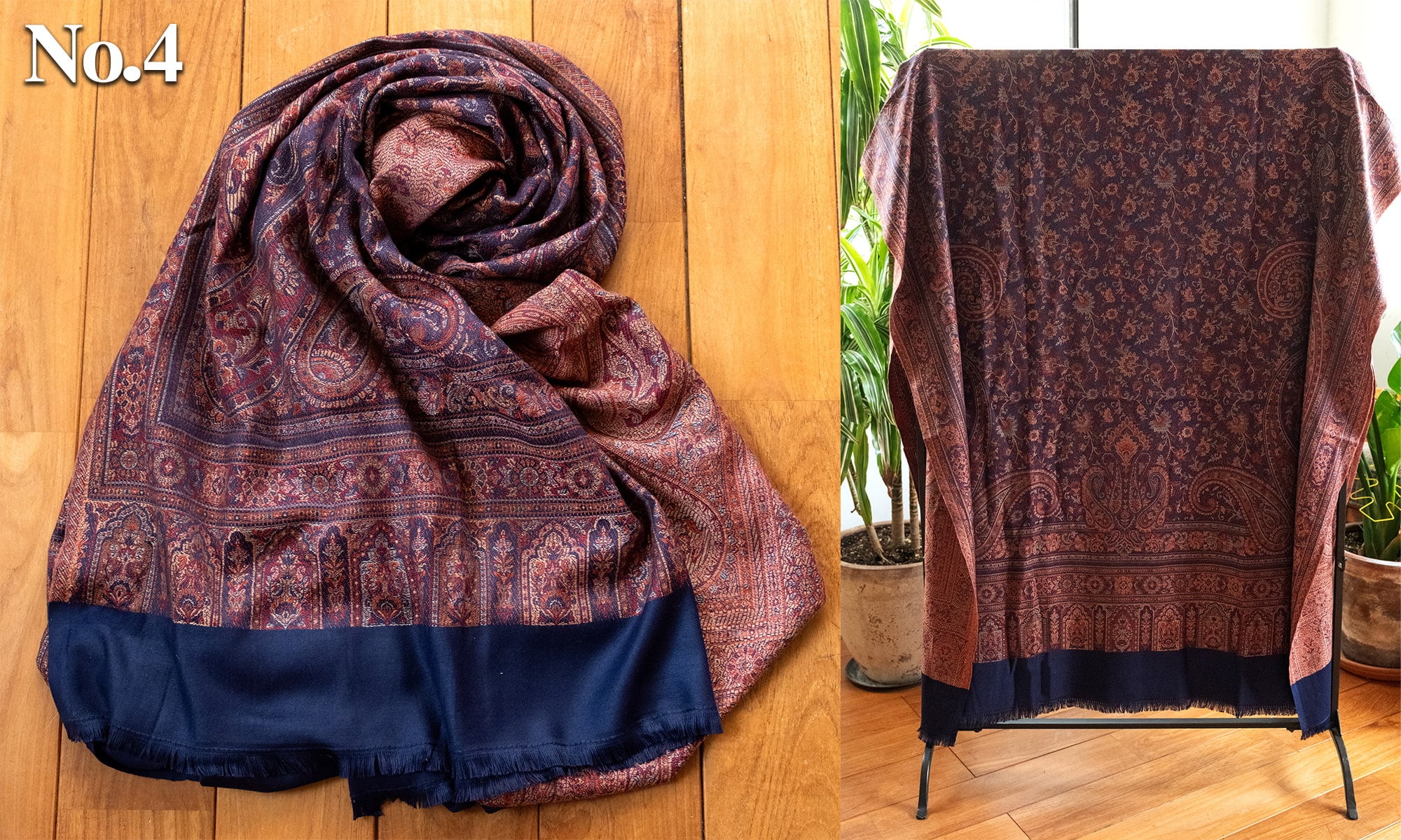 〔各色あり〕滑らかな肌触り　インド伝統カシミール ペイズリーの大判ストール・ショール〔約210cm×約110cm〕4枚目の下部説明写真です