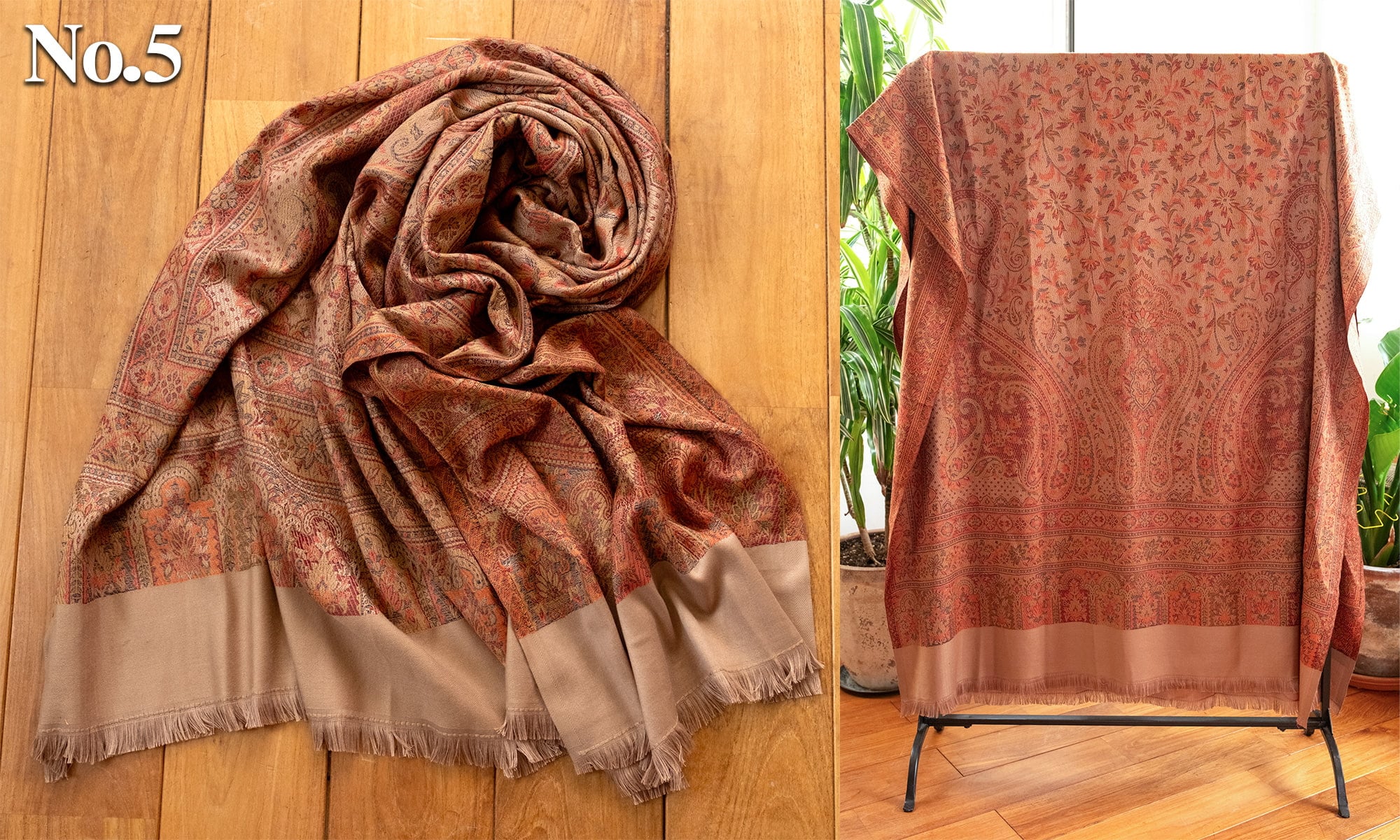 〔各色あり〕滑らかな肌触り　インド伝統カシミール ペイズリーの大判ストール・ショール〔約210cm×約110cm〕5枚目の下部説明写真です