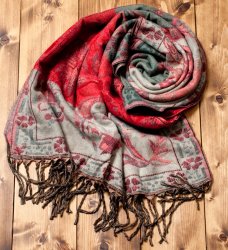 〔220cm×65cm〕ふんわりインドの伝統唐草柄ストール - 赤×グレー系の商品写真