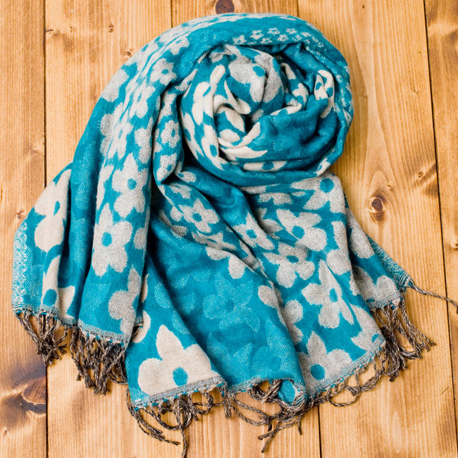 185cm×65cm〕ネパールの伝統柄ショール - ブルーフラワー の通販