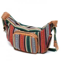 エスノ刺繍のバナナ型レザーショルダーバッグ - 緑系