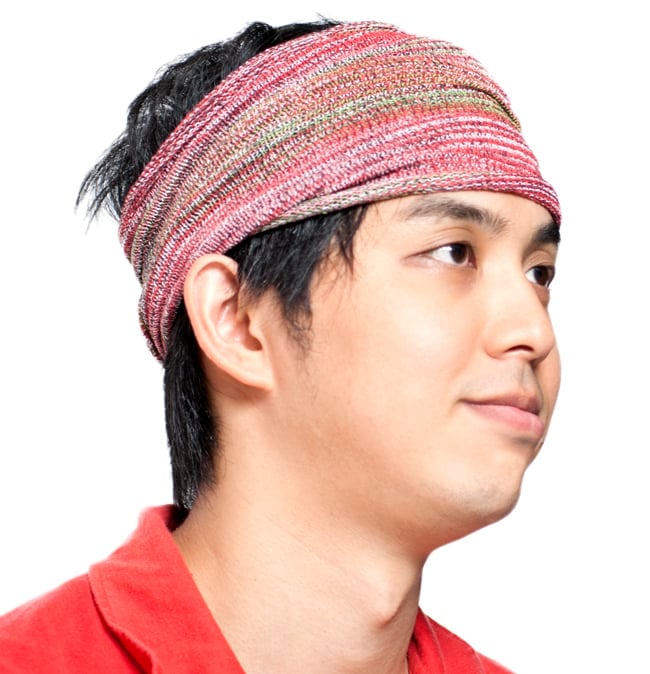 【ハーフサイズ】何通りも楽しめる!魔法のターバン 【緑×オレンジ×赤】 6 - 着用例です。