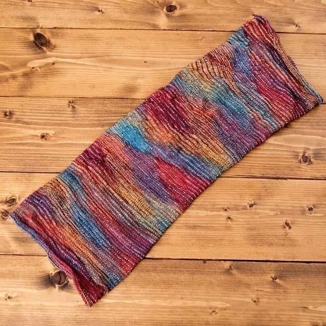 何通りも楽しめる!魔法のターバン - 赤×ブルー×黄色の商品写真 2枚目 広げるとこのような形をしています。お好みに合わせてお使いください。