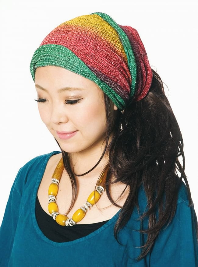 何通りも楽しめる!魔法のターバン - オレンジブルーの商品写真 5枚目 くしゅくしゅっとしてみました。コットンなので肌にもやさしいですよ。