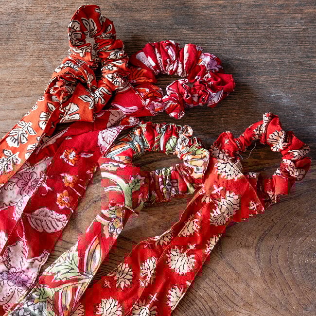 ウッドブロックプリントのリボン付きシュシュ 17 - 6：レッド