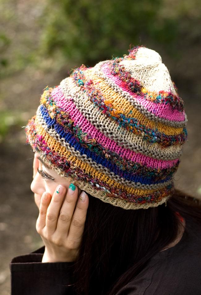 カラフルコットンのボーダーニット帽 【ベージュ】 2 - 後ろから撮ってみました。