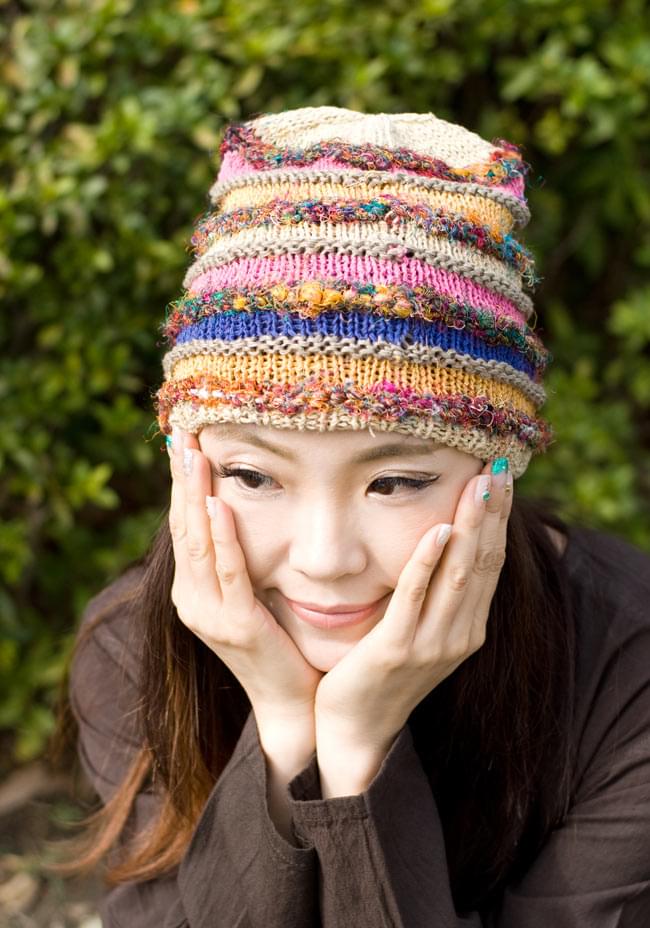 カラフルコットンのボーダーニット帽 【ベージュ】の写真