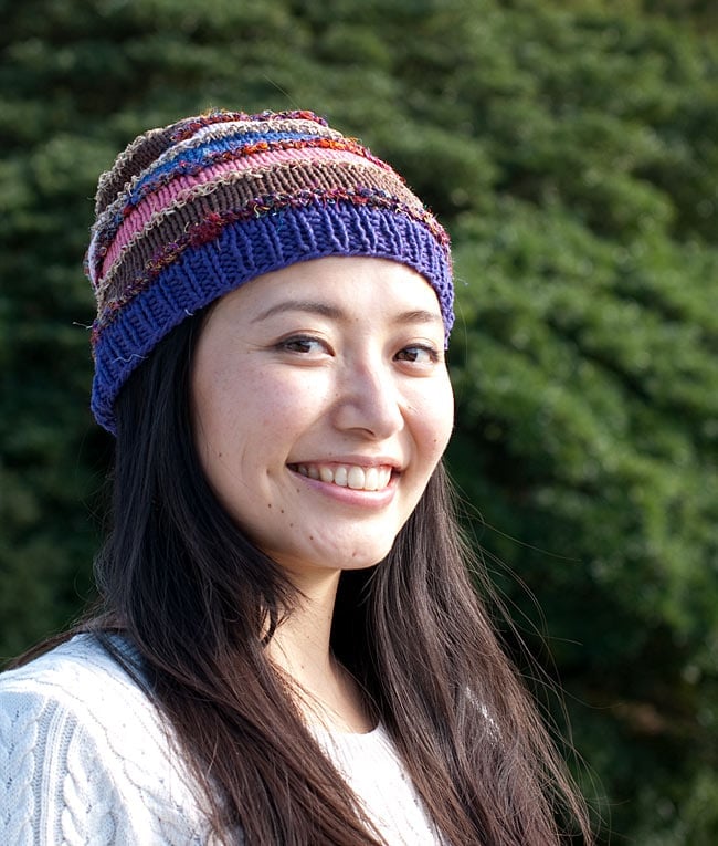 コットン・アートシルク・ヘンプののボーダーニット帽 【紫系】 の通販