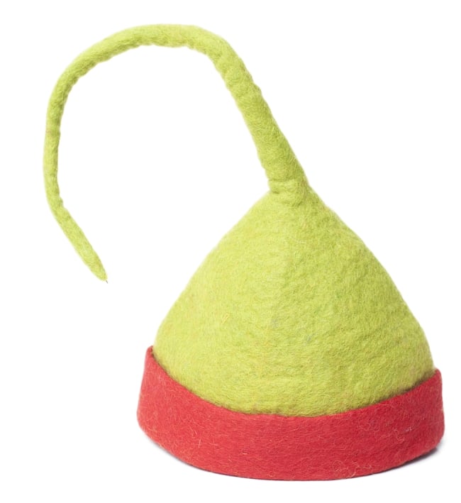 ヒマラヤ星人の帽子 【黄緑×赤】 2 - 立てて見ました。ぴょんと突き出たとんがりがキュートです。