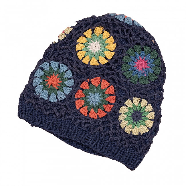 お花刺繍のニット帽 6 - 1：紺