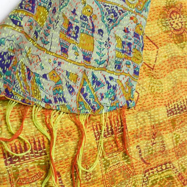 【1点物】インドのカンタ刺繍スカーフ (185cm×42cm) 8 - 反対面を折り返してみました。リバーシブルでお楽しみ頂けます。