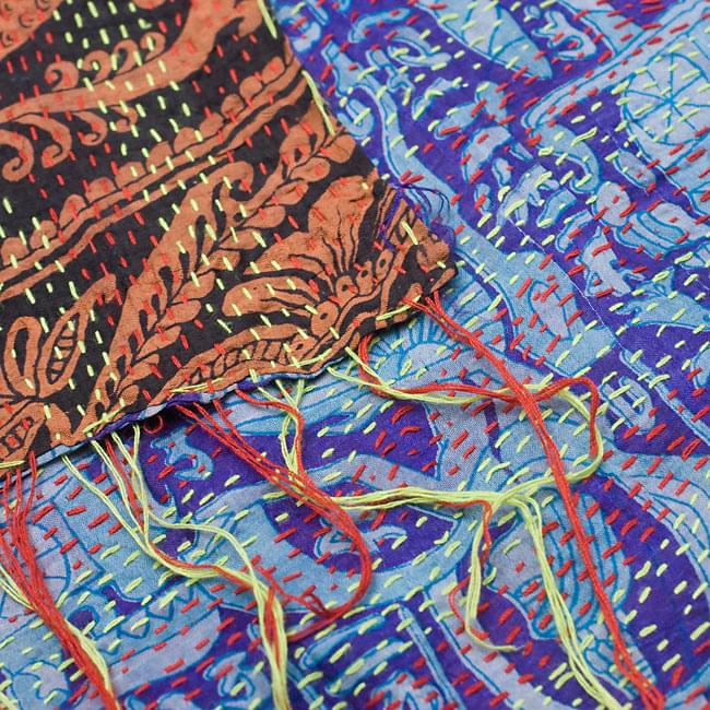【1点物】インドのカンタ刺繍スカーフ (190-195cm×50cm) 8 - 反対面を折り返してみました。リバーシブルでお楽しみ頂けます。