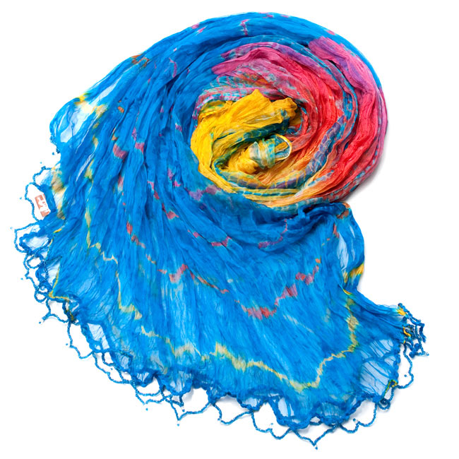 インドの薄ショール クリンクル タイダイドゥパッタ - スカイブルー 2 - 鮮やかでビビッドな色彩が綺麗です