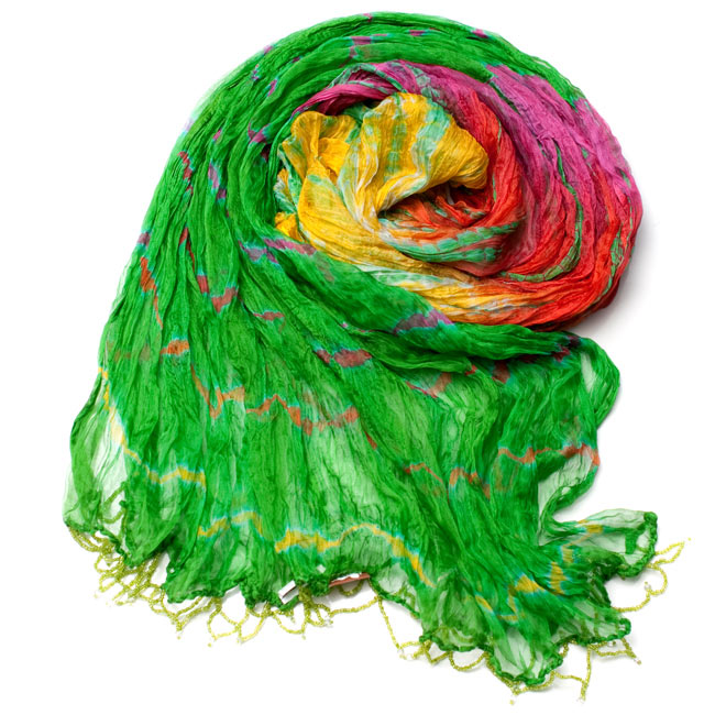 インドの薄ショール クリンクル タイダイドゥパッタ - 黄緑 2 - 鮮やかでビビッドな色彩が綺麗です