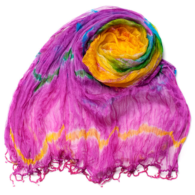 インドの薄ショール クリンクル タイダイドゥパッタ - ピンク 2 - 鮮やかでビビッドな色彩が綺麗です