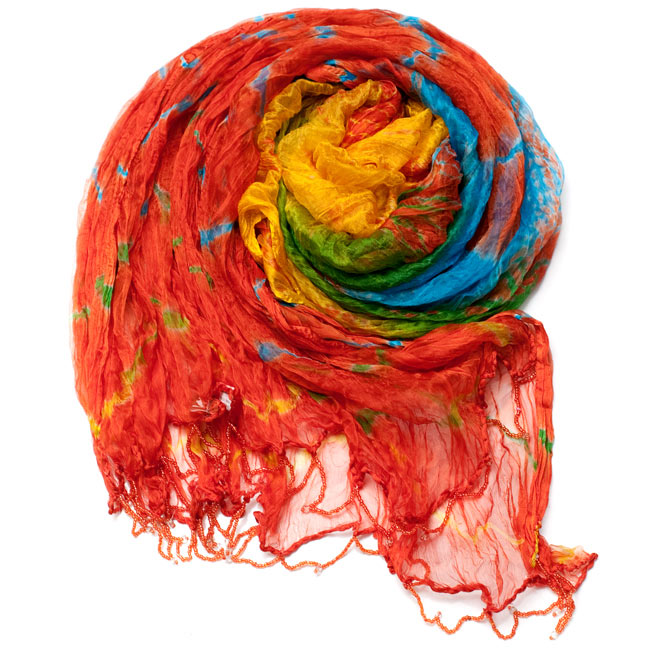 インドの薄ショール クリンクル タイダイドゥパッタ - ブラッドオレンジ 2 - 鮮やかでビビッドな色彩が綺麗です