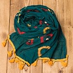 大きな模様の絞り染めドゥパッタ - グリーン＆赤・黄の商品写真