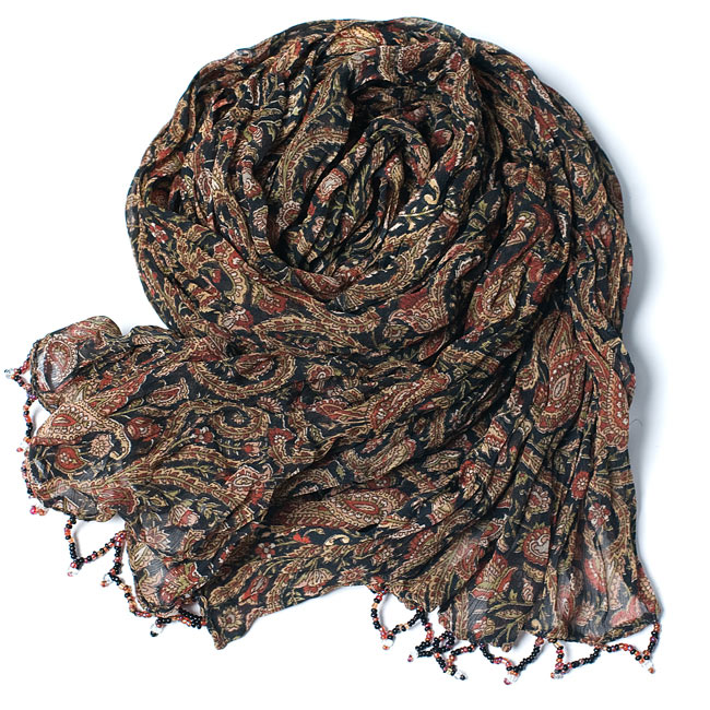 インドの薄ショール クリンクル ドゥパッタ - 黒 ペイズリー 2 - ペイズリー柄が艶やかです