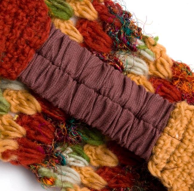 フラワーモチーフ・ヘアバンド 緑×茶×オレンジの商品写真 5枚目 ゴム部分はコットンです。