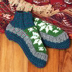 インナーフリースが暖かい！手編みウールン・ルームシューズ　ルームソックス　靴下 - サブ2