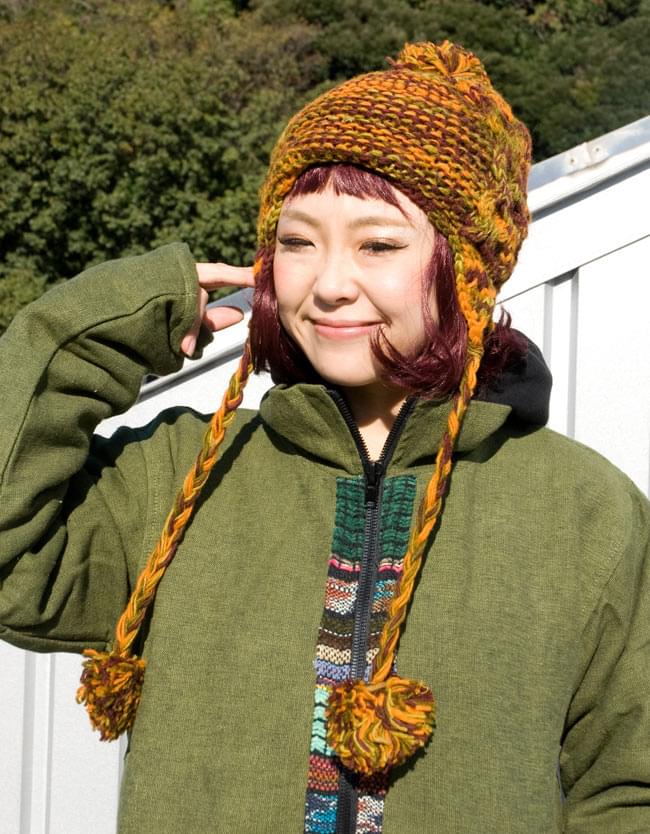 64％以上節約 ハンドメイド 手編み 茶系 耳当て付きニット帽