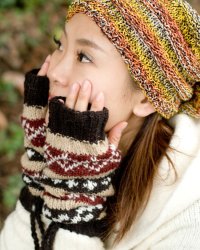 ウールン・アームウォーマー　【ボンボン付ボーダー】の商品写真