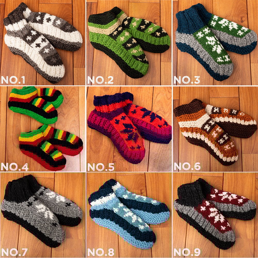インナーフリースが暖かい！手編みウールン・ルームシューズ　ルームソックス　靴下1枚目の下部説明写真です