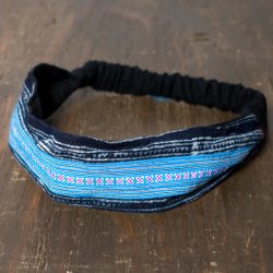モン族の手作りカラフル刺繍ヘアバンド【水色系アソート】の商品写真