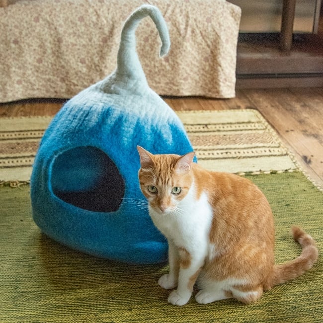 ネパールフェルトのしっぽ付きキャットハウス　猫ハウスの写真