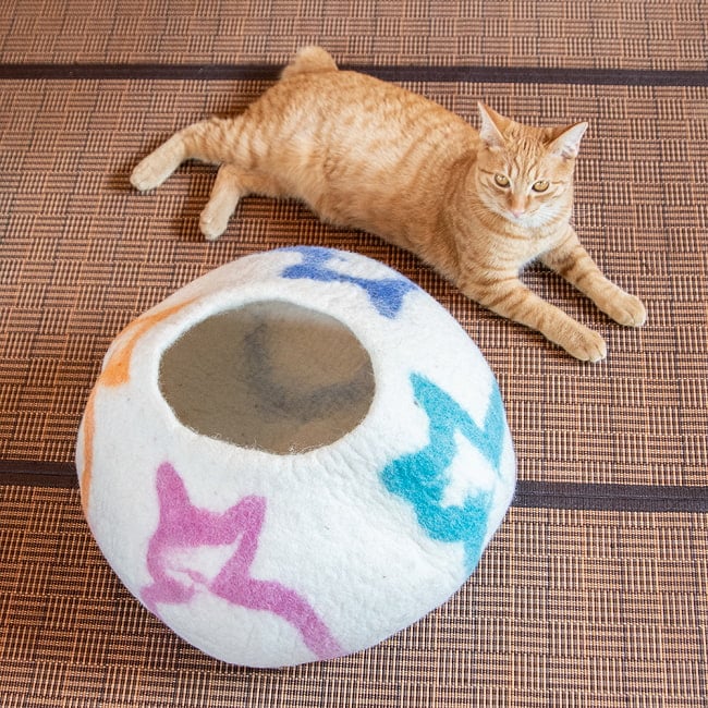 ネパールフェルトの猫ちぐら しっかりめ丸形タイプ　キャットハウス 2 - 成猫ちゃんとのツーショットです。