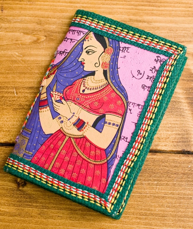 〈12.8cm×8.5cm〉インドの神様柄紙メモ帳 - ムガル女性画の写真1枚目です。インドの雰囲気たっぷり！ノートや手帳としてご使用いただけます。写真は【選択A：水色】です。メモ帳,ノート,神様,手帳