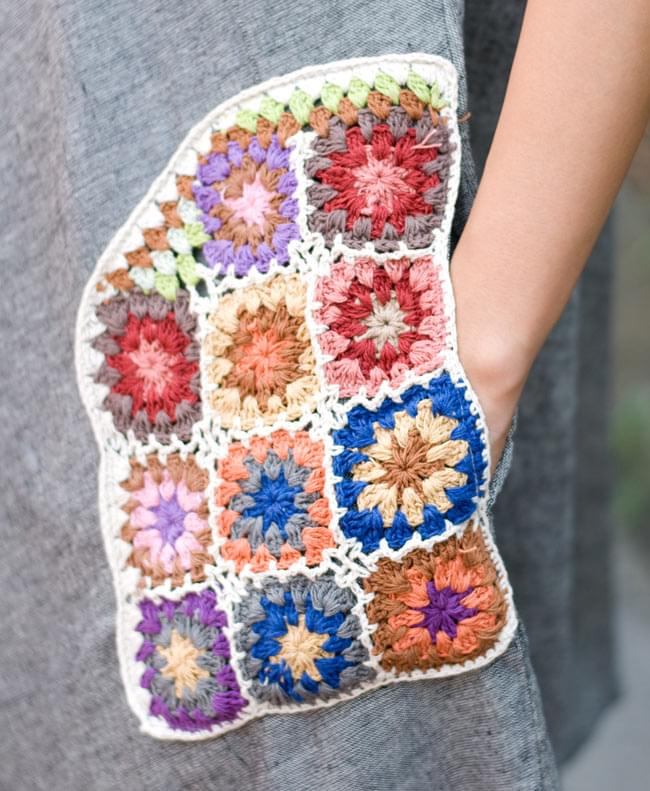 フラワー刺繍ポケットAラインワンピース - グレー 5 - ポケットをアップにしてみました。