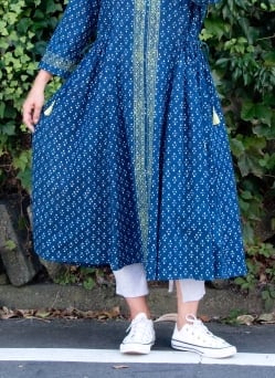 ウッドブロックプリントのインディゴワンピース - サブ5